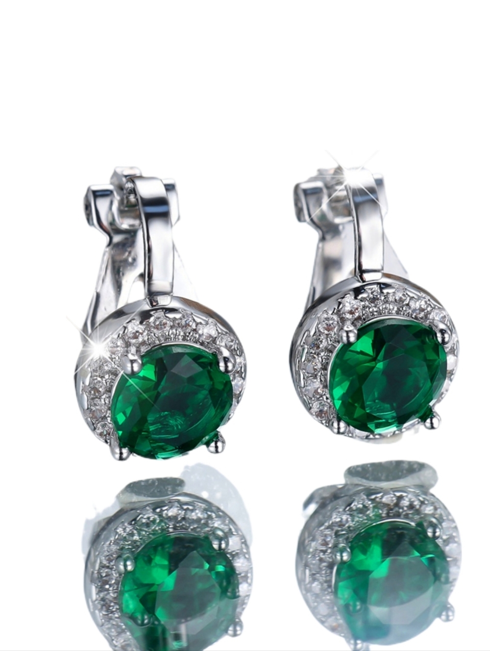 Silver Clip-on Earrings with Emerald Green Crystal Halo